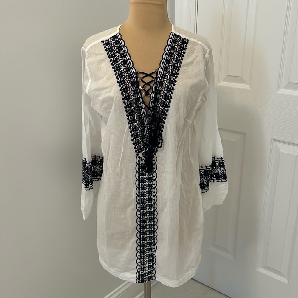 Raga White Navy Embroidered Tunic Cover Up